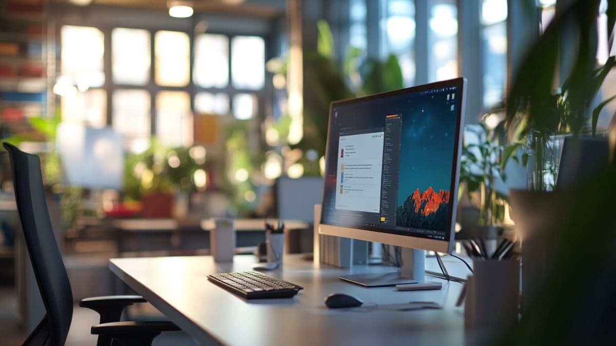 Ordinateur allumé sur un bureau