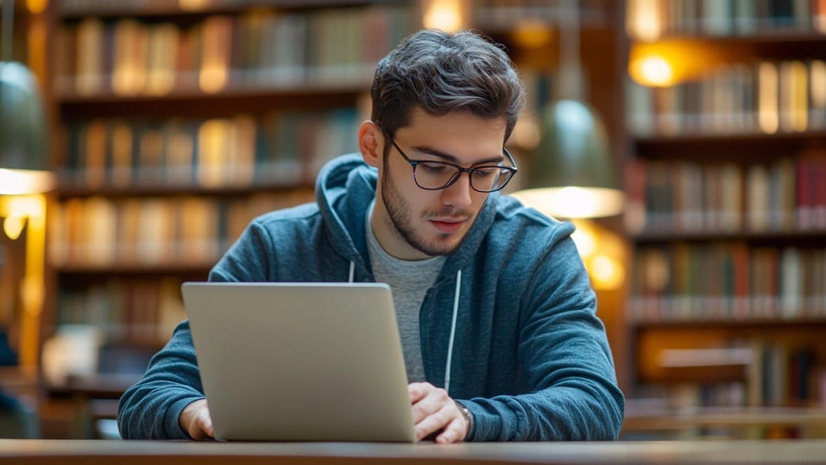 Homme étudiant en bibliothèque