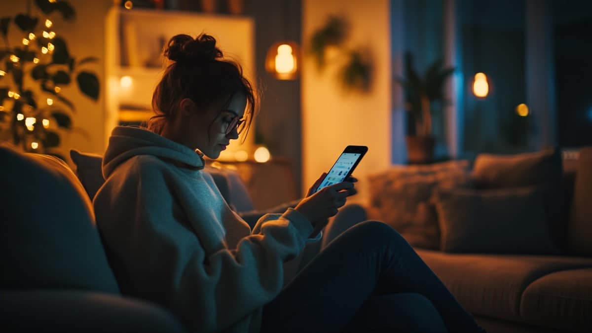 Lecture sur smartphone en soirée