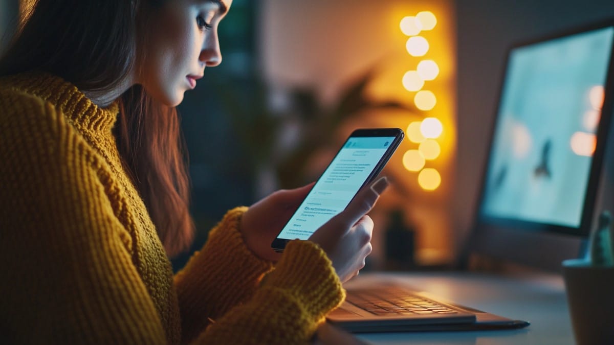 Femme utilisant smartphone bureau