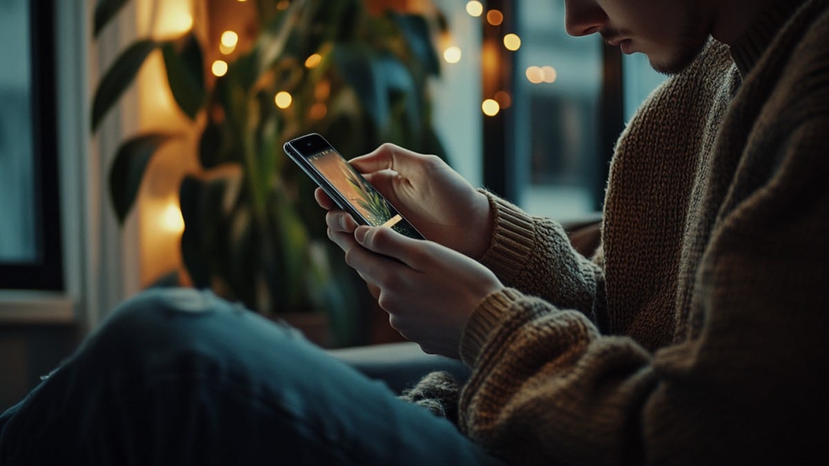 Homme vérifiant smartphone soir