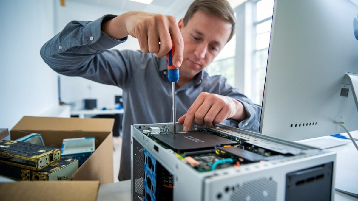 Technicien réparant un ordinateur