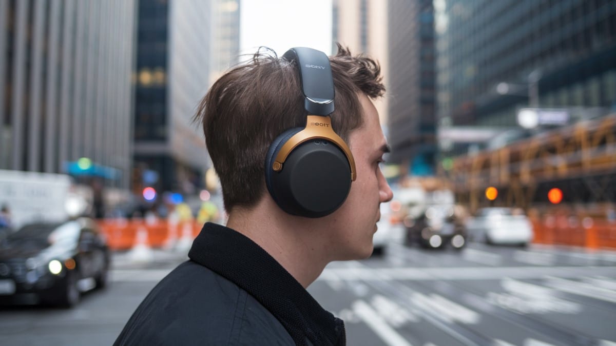 Homme avec casque en ville