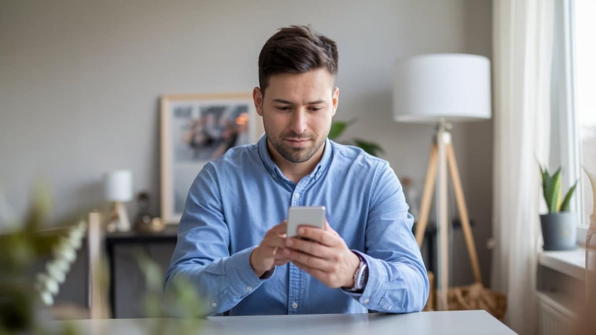 Homme concentré sur smartphone