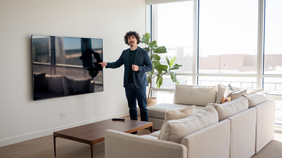 Homme présentant une télévision