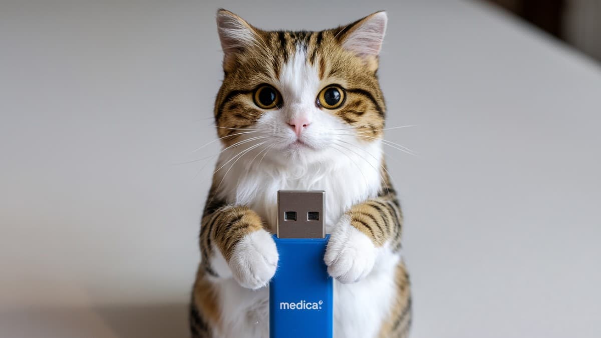 Chat et clé USB bleue