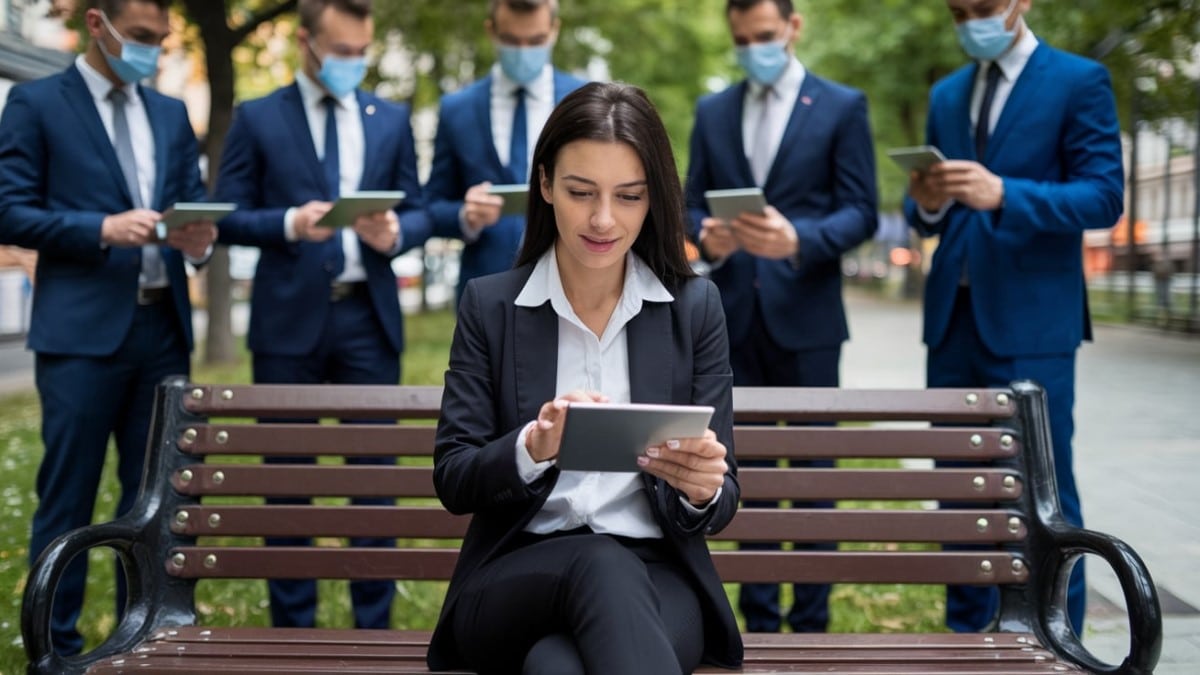 Femme avec tablette en extérieur