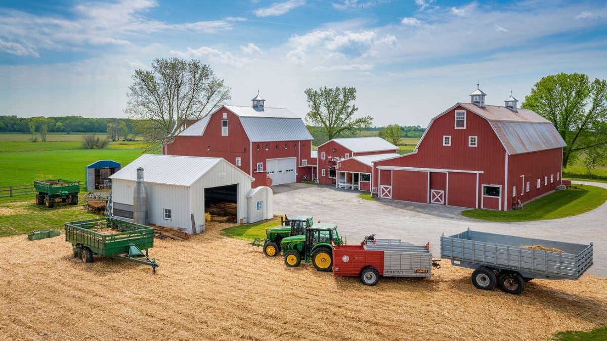 Ferme avec bâtiments rouges