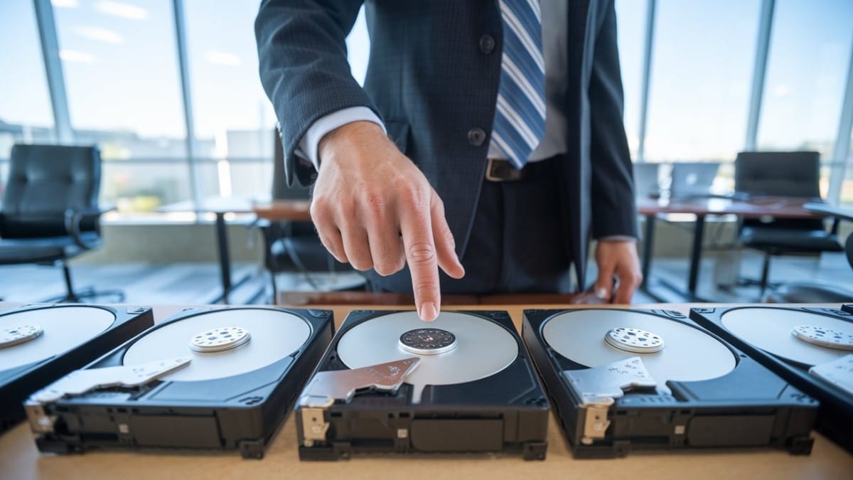 Homme inspectant des disques durs