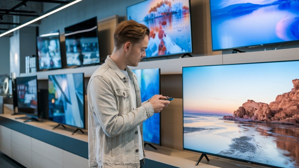 Homme comparant des téléviseurs